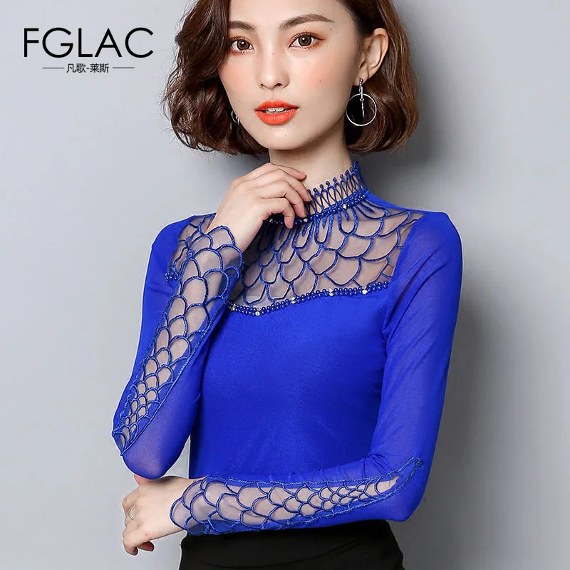 Billige FGLAC S 4XL Frauen bluse hemd 2019 mode langarm shirt frauen aushöhlen Spitze tops Elegante Dünne plus größe Mesh tops