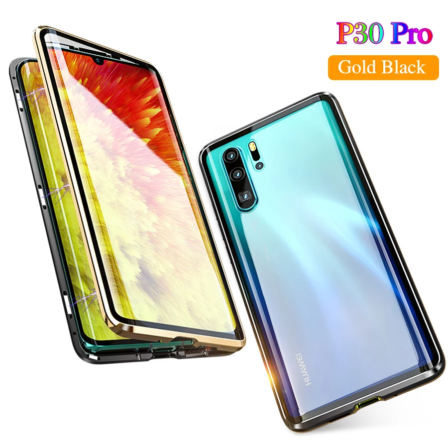 Роскошные кожаные Магнитная Адсорбция металлический корпус для huawei P30 Pro P30pro Etui 360 Полное покрытие изогнутая Стекло двойной прозрачные Экран протектор - Цвет: Gold Black  P30Pro