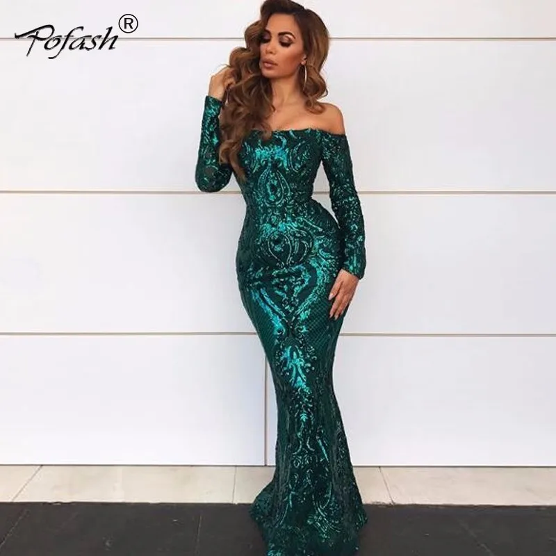 

POFASH Floor Length Maxi dress Summer 2018 Women Sexy Slash neck Party Dress Long Sleeve Club Dress Lace-Up female Vestido