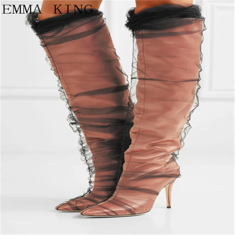 Koop Kniehoge 2018 Europese Amerikaanse Nieuwe Modeshow Stiletto Wees Laarzen Zwart Gazue Model Straat Schieten Vrouwelijke Booties