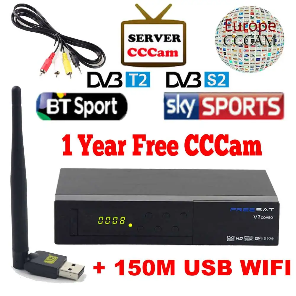 ФОТО Original Freesat V7 Combo Satellite Receiver DVB S2 / T2 + 1pc USB WIFI Biss Key Cccam PowerVu 1080p HD Set Top Box