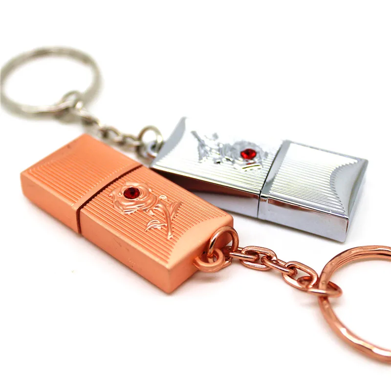 

3 color Metal key chain Memory Stick 128MB Pendrive flower 64GB 32GB USB Key 16GB 8GB 4GB Flash Drive Rose