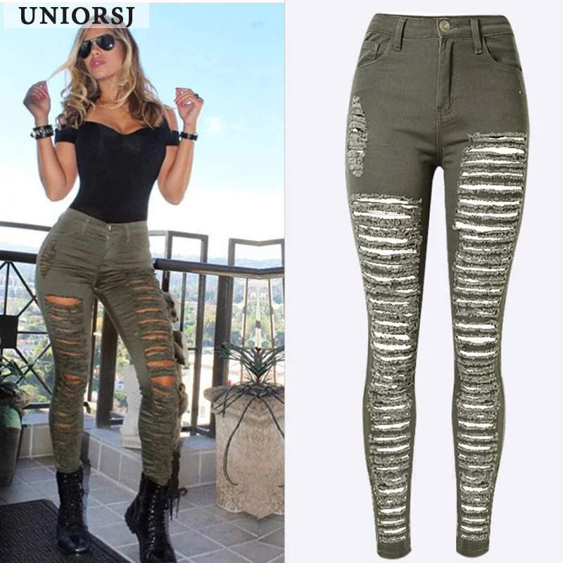 Модные Армейский зеленый/черные пикантные Рваные джинсы для женщин; Большие размеры проблемных Высокая талия джинсы женские узкие