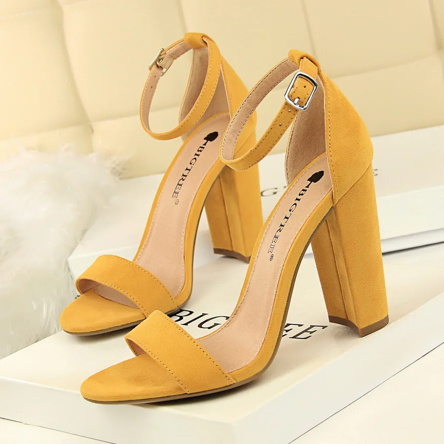 BIGTREE/обувь; летние женские босоножки; Новая женская обувь; пикантные женские сандалии на высоком квадратном каблуке; женские туфли-лодочки; босоножки на квадратном каблуке - Цвет: Цвет: желтый