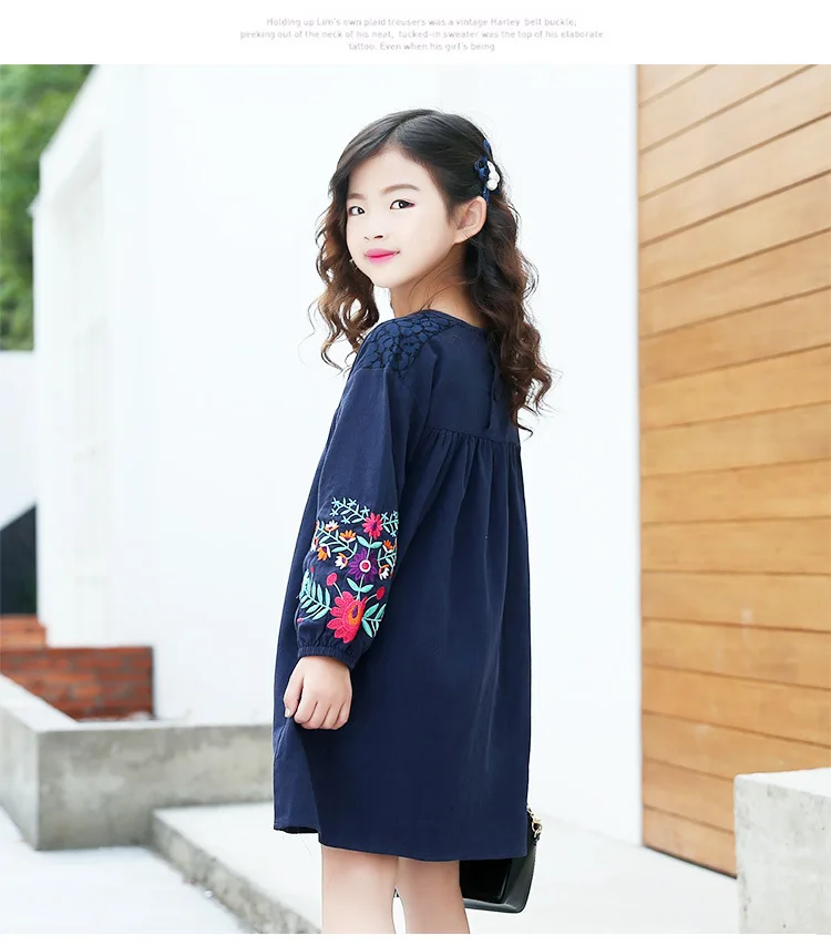 Одежда для девочек, платья, коллекция 2018 года, осень, Новый китайский стиль, длинный рукав, вышивка, сплошной цвет, длина до колена, детская