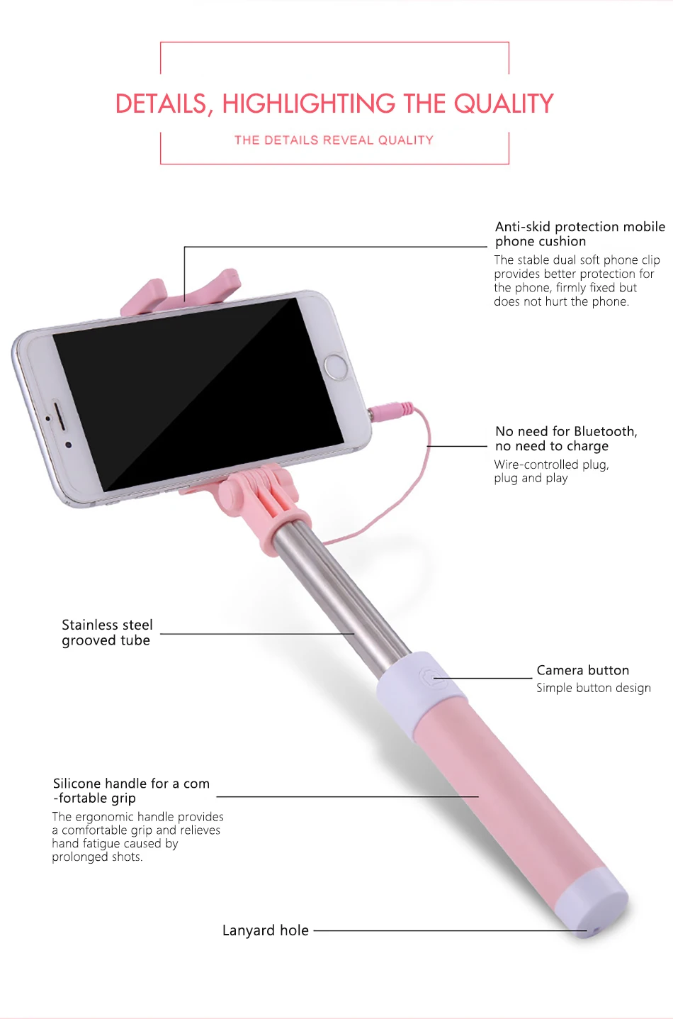 !ACCEZZ Mini Wired Selfie Stick IOS For iPhone X XR XS MAX 8 7 6 For Huawei Samsung Monopod Foldable Portable Selfiestick Mirror (6)