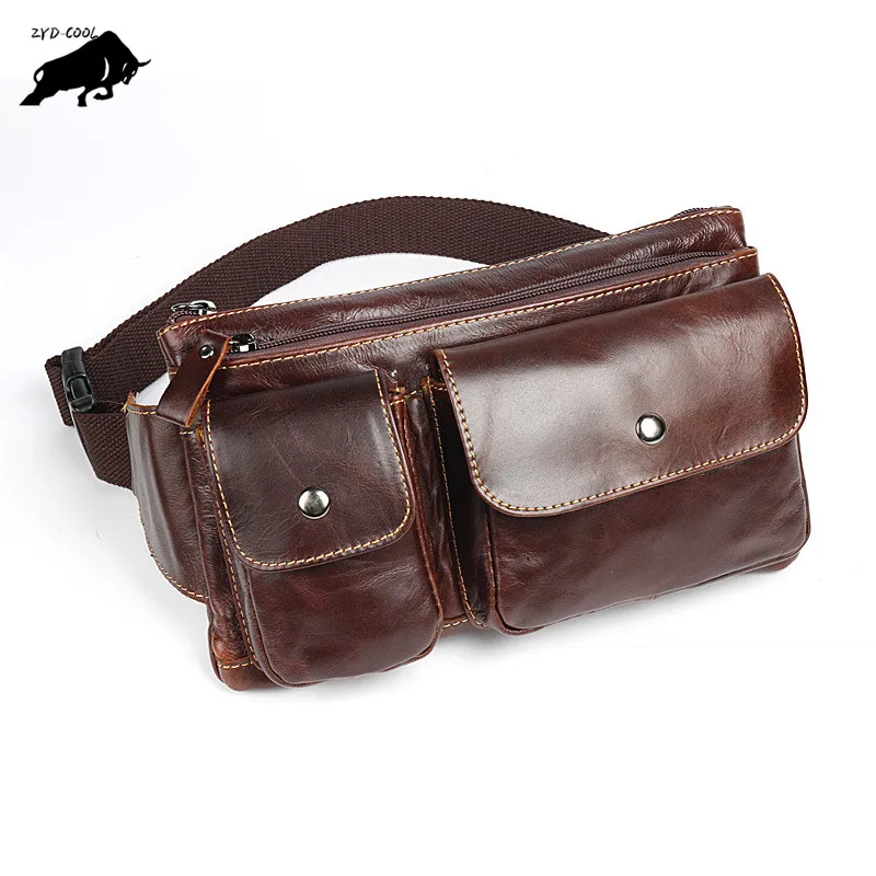 

ZYD-COOL Vintage Male Waist Packs Bags Genuine Leather Casual Belt Zipper Bag Phone Money Pouch Leather Travel Waist Messenger