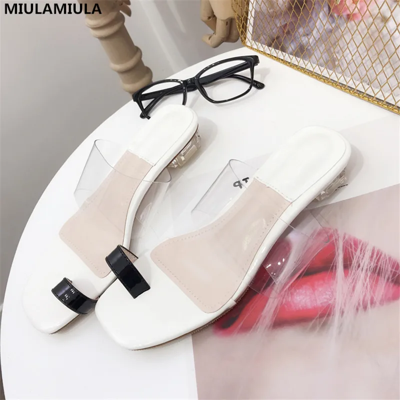 

MIULAMIULA Brand Designers 2019 Summer Sexy Black White Clip Toe Transparent Band Low Heels Lady Slipper Slip On Loafers Mules