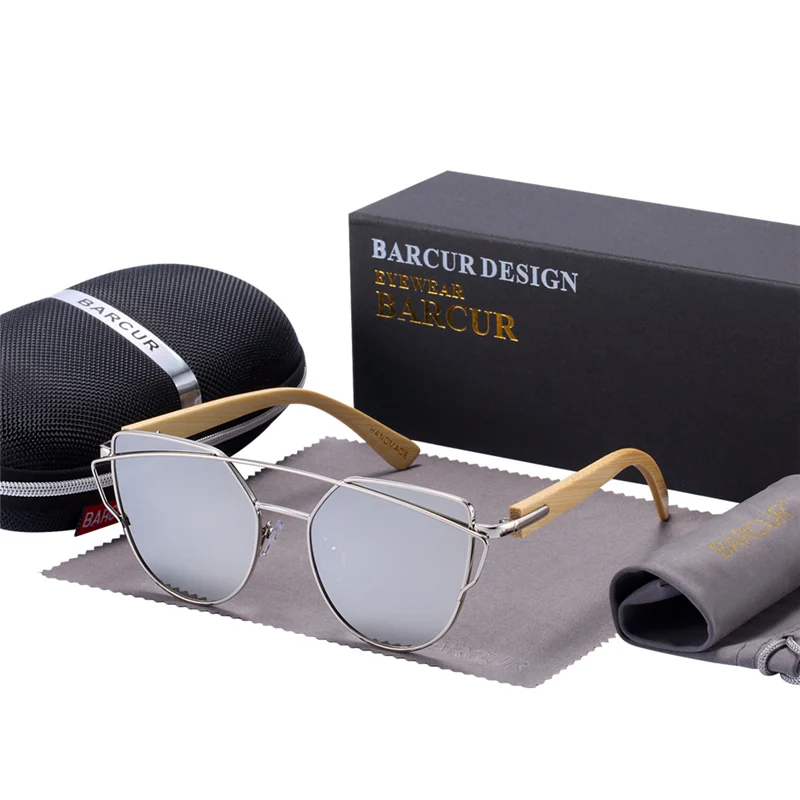 BARCUR Bamboo Cat Eye Sunglasses Polarized Metal Frame Wood Glasses Lady Luxury Fashion Sun Shades With Box Free 7