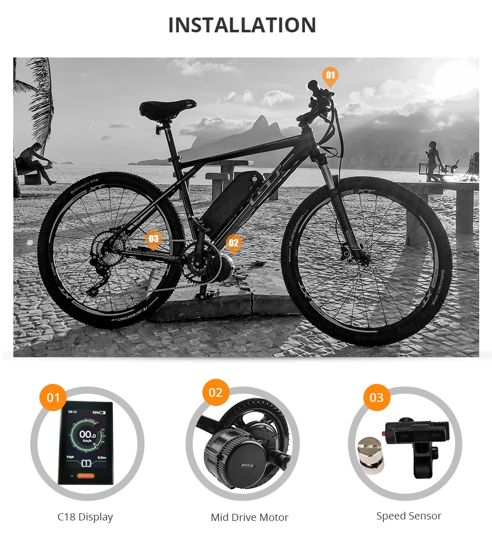 Perfect BAFANG 36V 250W Mid Drive Motor Bafang BBS01 8FUN Electric Bicycle Motor Kits Mid Drive Bafang BBS01B Motor Kit C18 Display 12