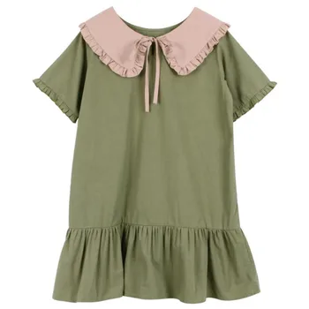 

DFXD Summer Big Girl Army Green Short Sleeve Peter Pan Collar Bowknot Ruffles Princess Dress Children Loose Casual Dress 5-16Yrs