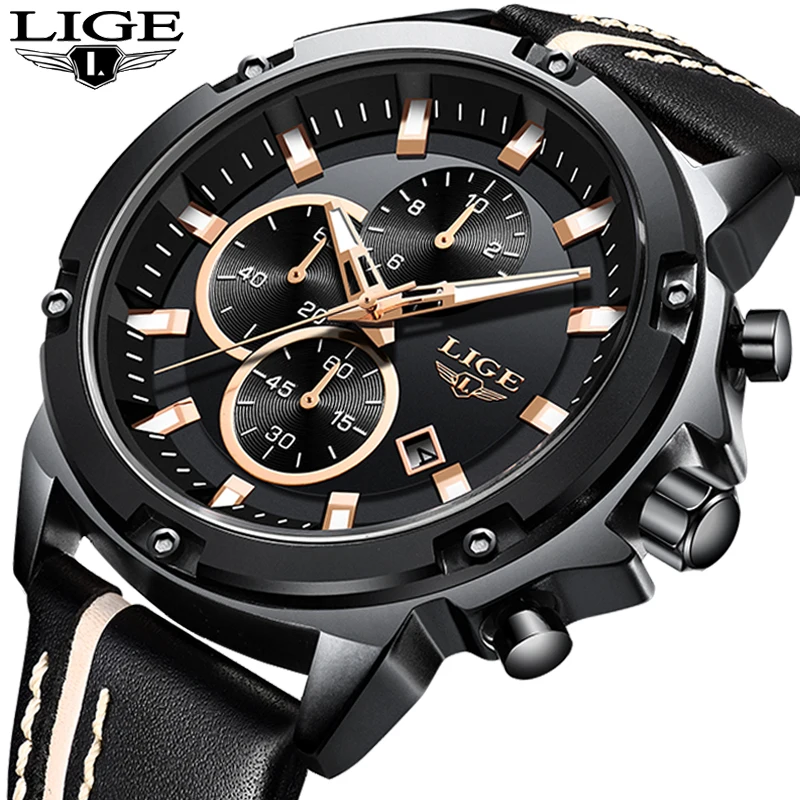 

2018LIGE Men Watches Fashion Chronograph Male Top Brand Luxury Quartz Watch Men Leather Waterproof Sport Watch Relogio Masculino