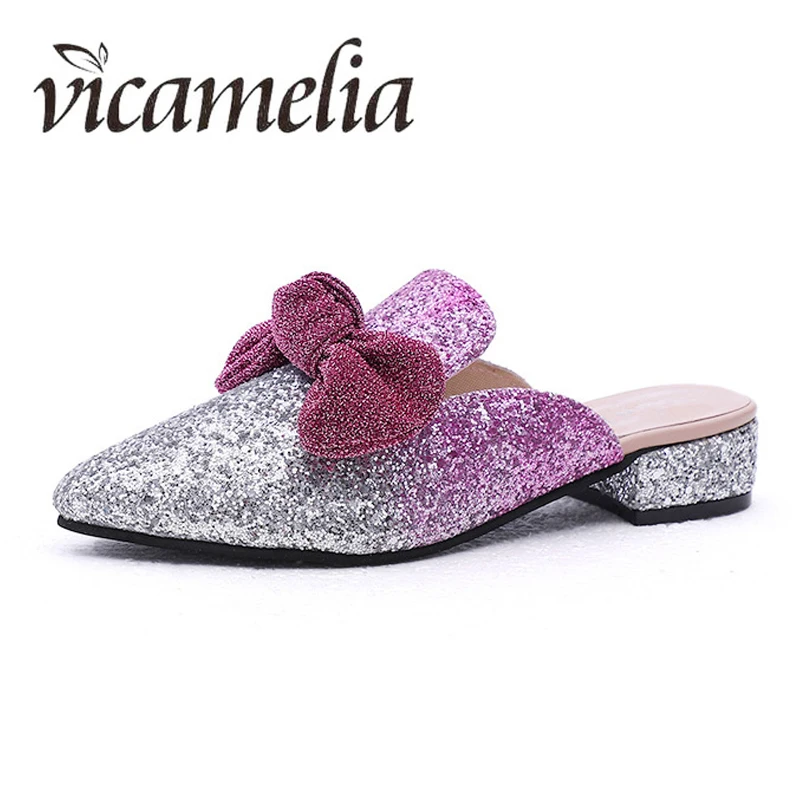 Vicamelia/Закрытые полушлепанцы женские летние новые корейские сандалии с бантиком и