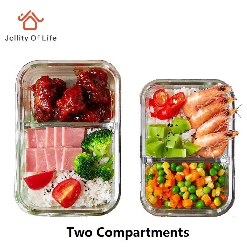 2 Divided Compartments Glass Lunch Box Dinnerware Set Microwave 400