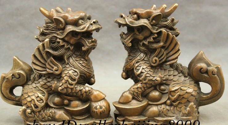 

JP S0606 FengShui Chinese Bronze Copper Guard Wealth YuanBao Dragon Kylin Statue Pair