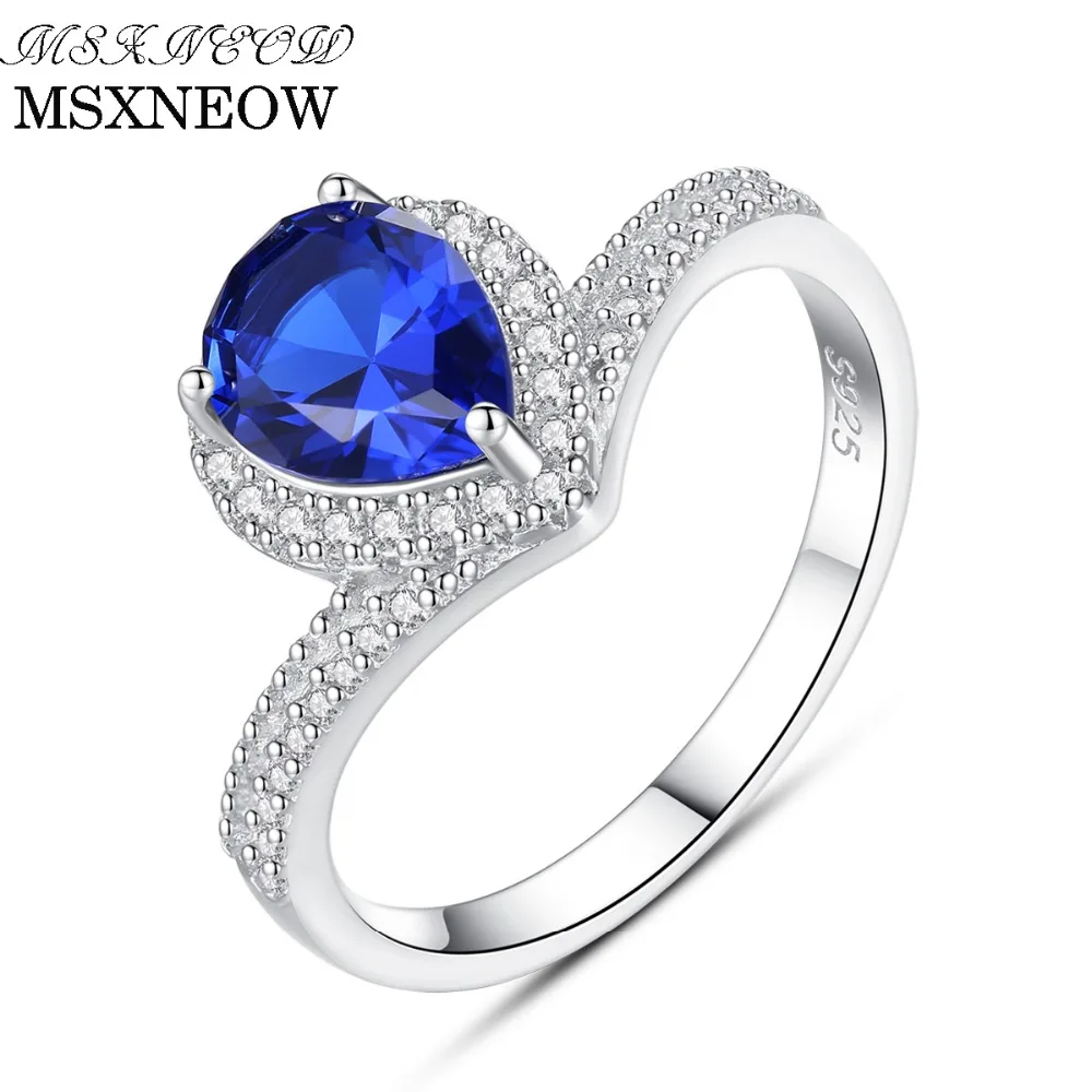 MSXNEOW Luxury Teardrop Shape Blue Sapphire Ring 925 Sterling Silver