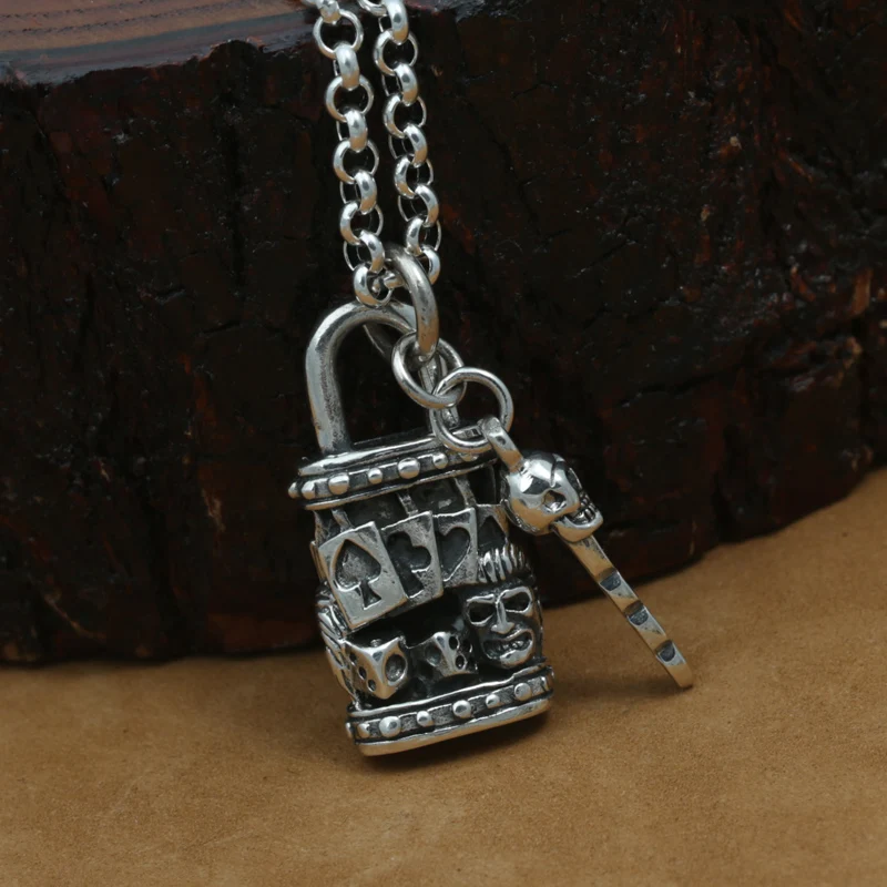 Handmade 925 Silver Lock Skull Pendant vintage thai silver skull Key
