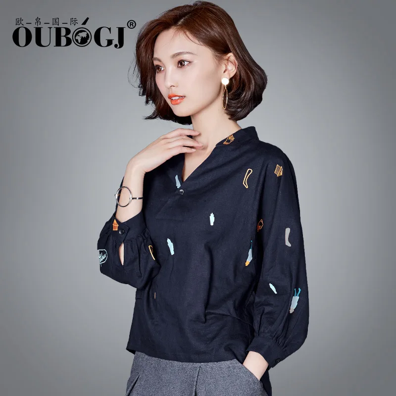 

OUBOGJ Blouse Long Sleeve Women 2018 Spring New Female Linen Shirt V-neck Hedging Top M-XXL Blusas High Quality
