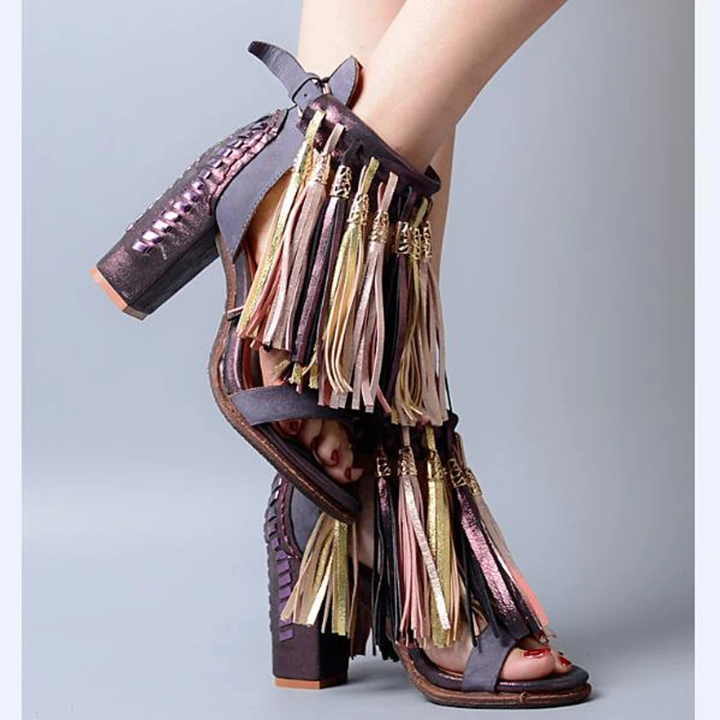 

Open Toe Fringe Embellished High Heel Ankle Strap Sandals Vintage Multicolored Genuine Leather Party Vocation Dress Shoes