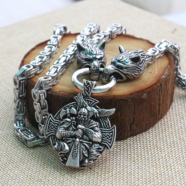 Men stainless steel necklace viking wolf head with Odin by Helena Rosova necklace pendan norse talisman ethnic jewelry