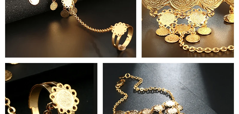 CWEEL Bracelets&Bangles Women Hands Jewellery Love Bracelet With Charms Ring Chain Vintage Arabic Metal Coin Gold Color Bangle (2)