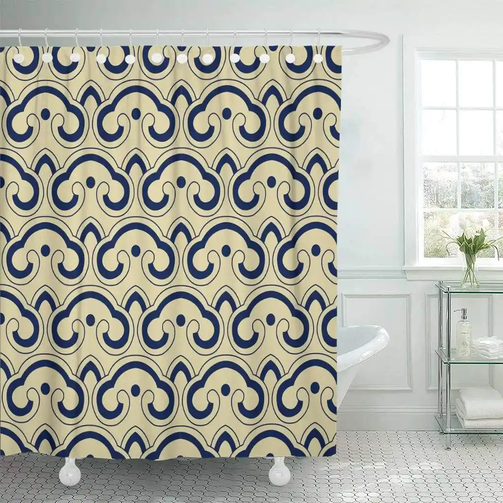 Fabric Shower Curtain With Hooks Blue Chintz Oriental Retro Curve