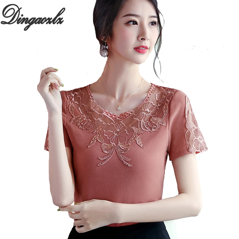 

Dingaozlz 4XL Fashion Mesh embroidery Shirt Short Sleeve T shirt Women Plus size clothing New Summer Lace Shirts Tops