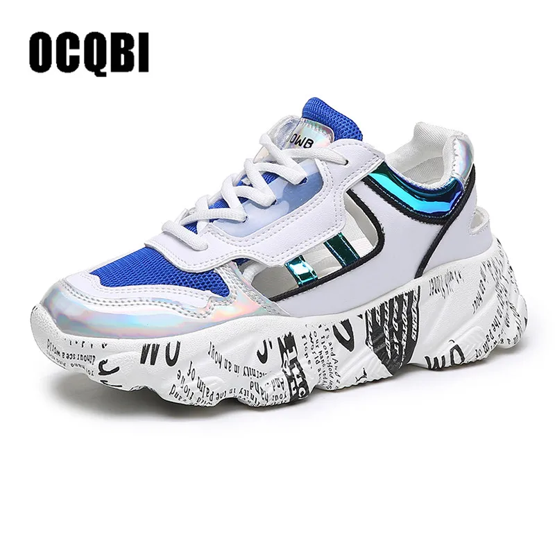 

Women Sneakers 2019 Spring Casual Shoes Mixed Color Thick Sole Ladies Platform Hollow Out Shoes Height Increasing Chunky Shoes