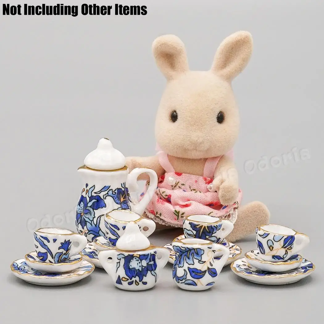 Odoria 1:12 Miniature 16PCS Blue Flower Patten Porcelain Tea Cups Ceramic Teapot Kitchen Set Dollhouse Accessories Decor