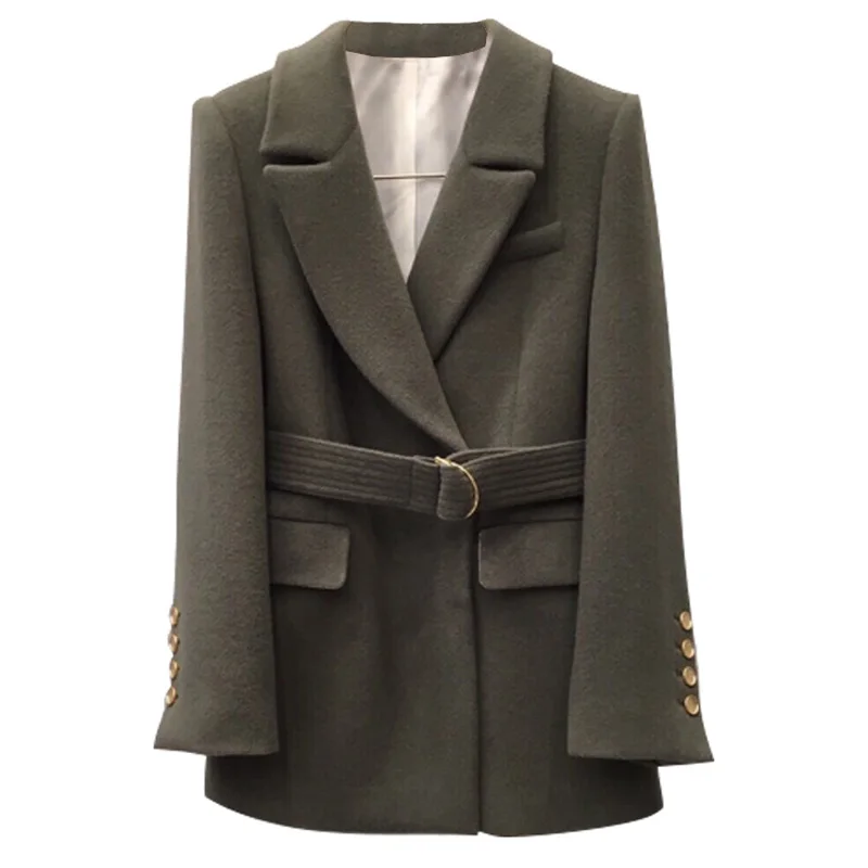 

Woolen jacket female Korean version of the long paragraph autumn and winter army green suit woolen coat thickening A292