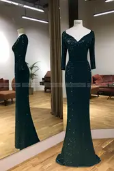 Со сверкающими блестками изумрудная зеленая Русалка вечернее платье с длинными рукавами v-образным вырезом арабское Официальное Платье