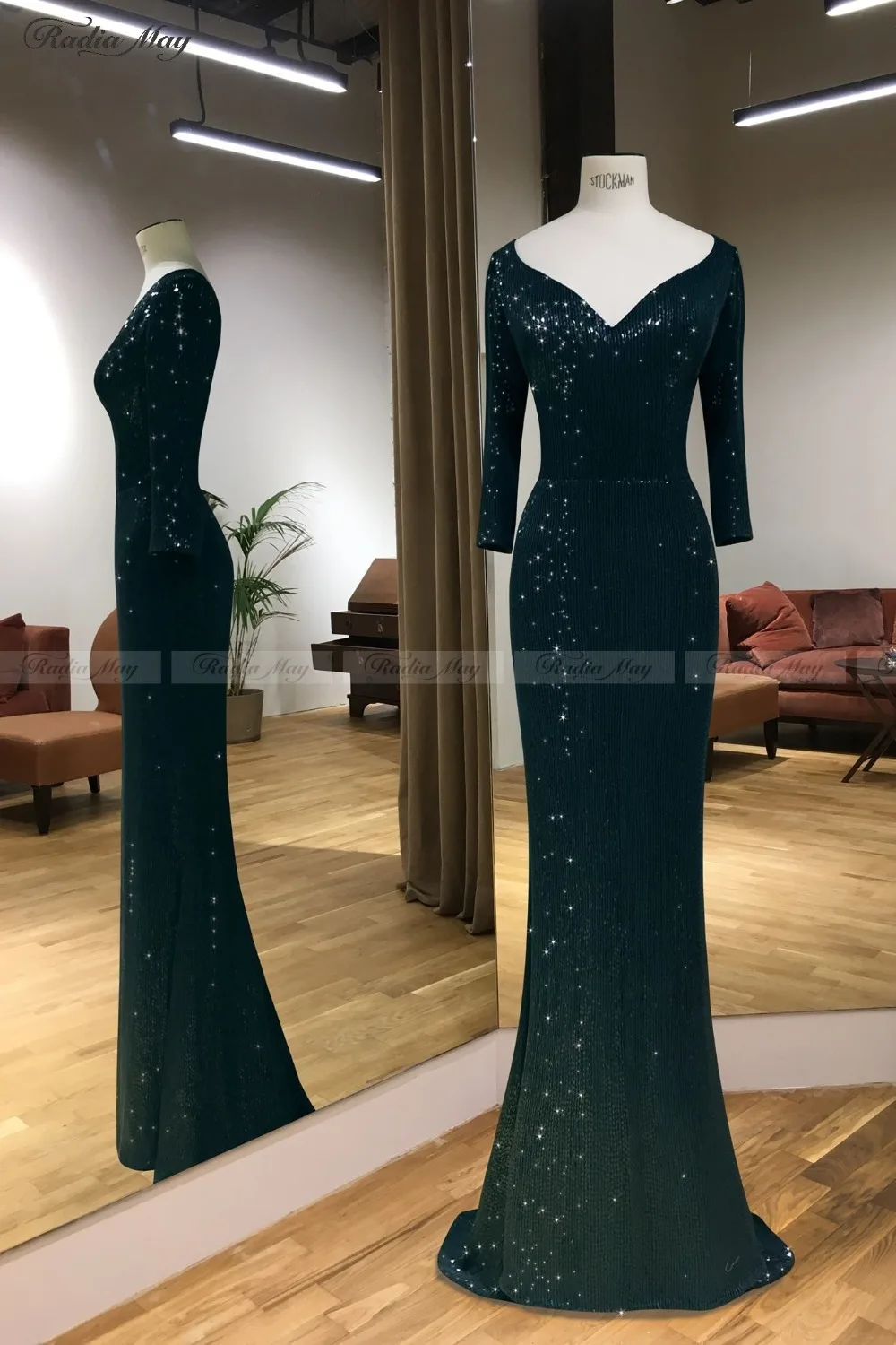 

Sparkly Sequin Emerald Green Mermaid Evening Dress Long Sleeves Vintage V-Neck Arabic Formal Dress Women Long Dubai Prom Dresses