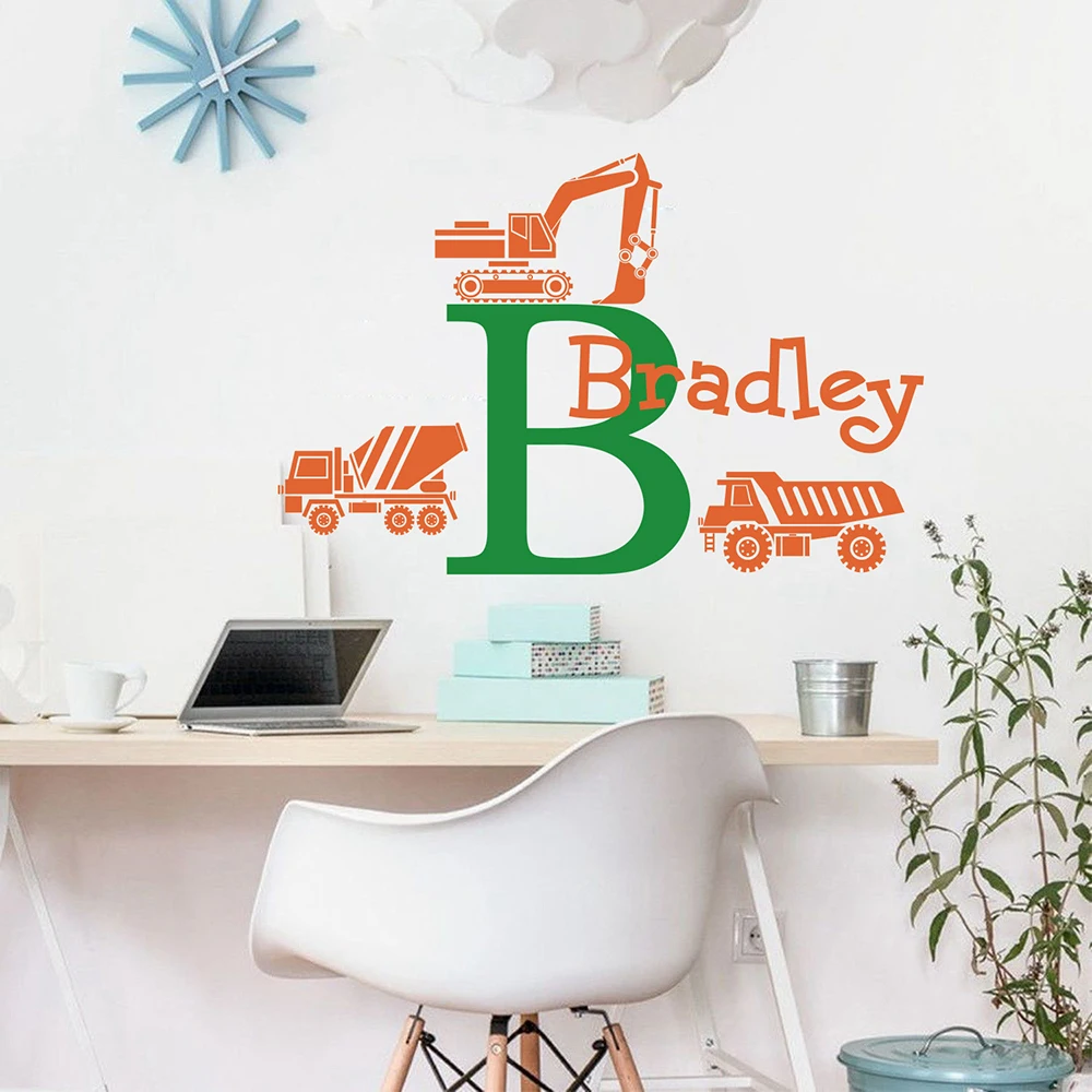 Custom Name Construction Truck Crane Wall Decal Boy Room Personalized Name Construction Vehicle Wall Sticker Play Room Vinyl Art (3)