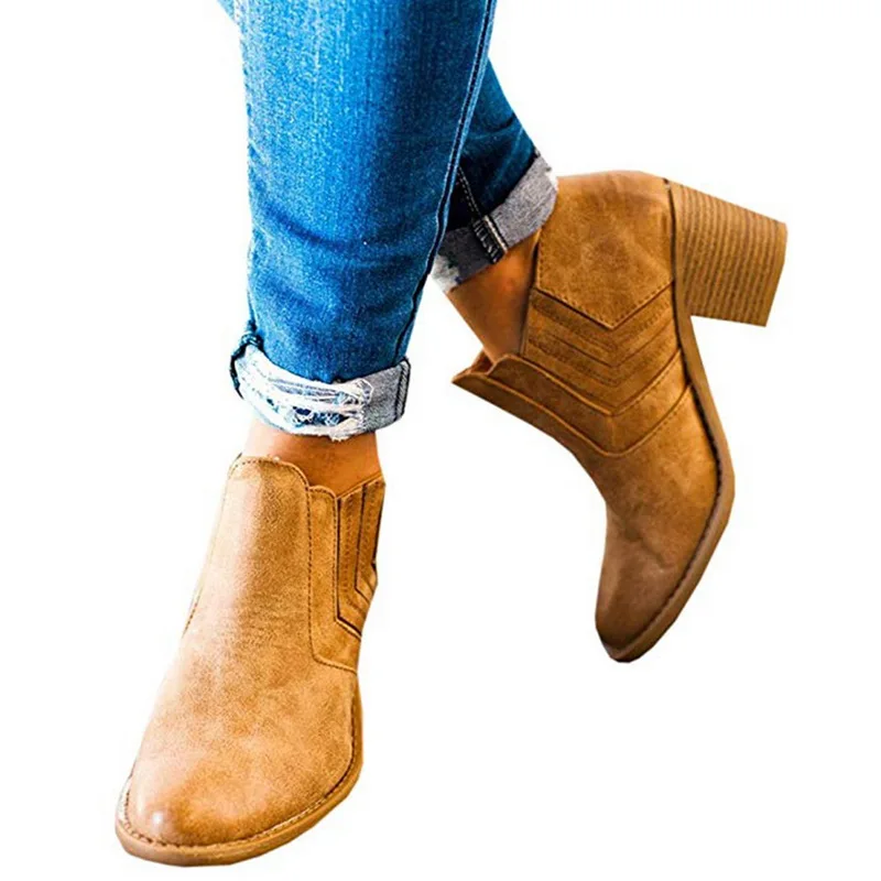 

Oeak Women's Boots with Heels Chelsea Leather Short Chunky Heel Ankle Boots Slip-On Elastic High Heel Ankle Boots