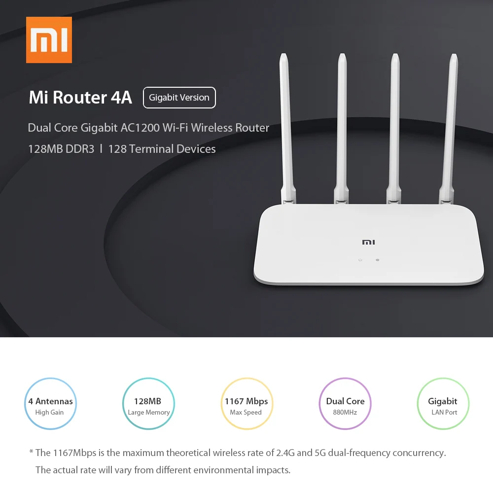 Глобальная версия Xiaomi Mi маршрутизатор 4А гигабитная версия 2,4 ГГц 5 ГГц WiFi 1167 Мбит/с WiFi повторитель 128 Мб DDR3 с высоким коэффициентом усиления 4 антенны