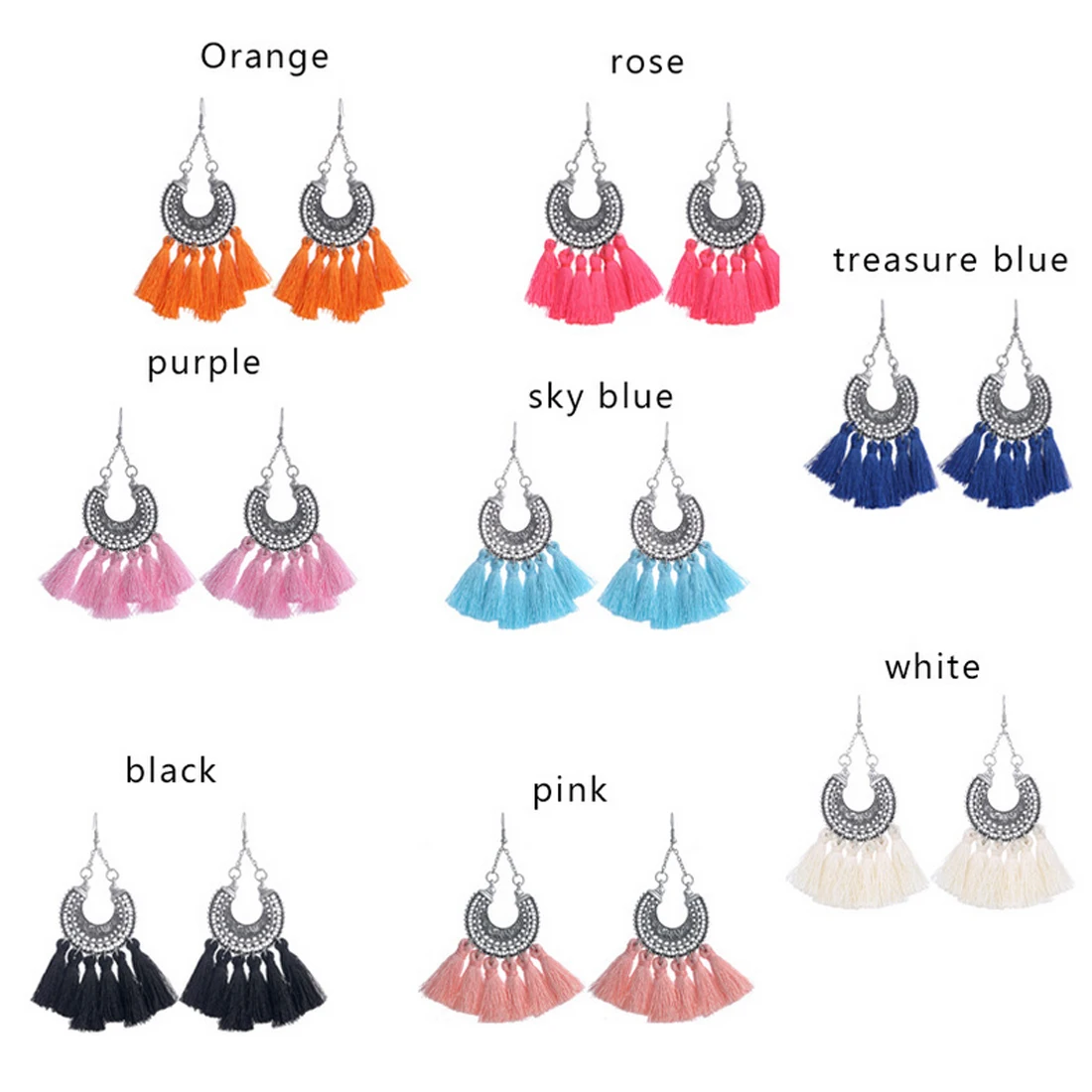 

8 Colors Bohemian Handmade Fan Shaped Drop Earrings Fringed Tassel Statement Zircon Big Round Earrings For Women Jewelry