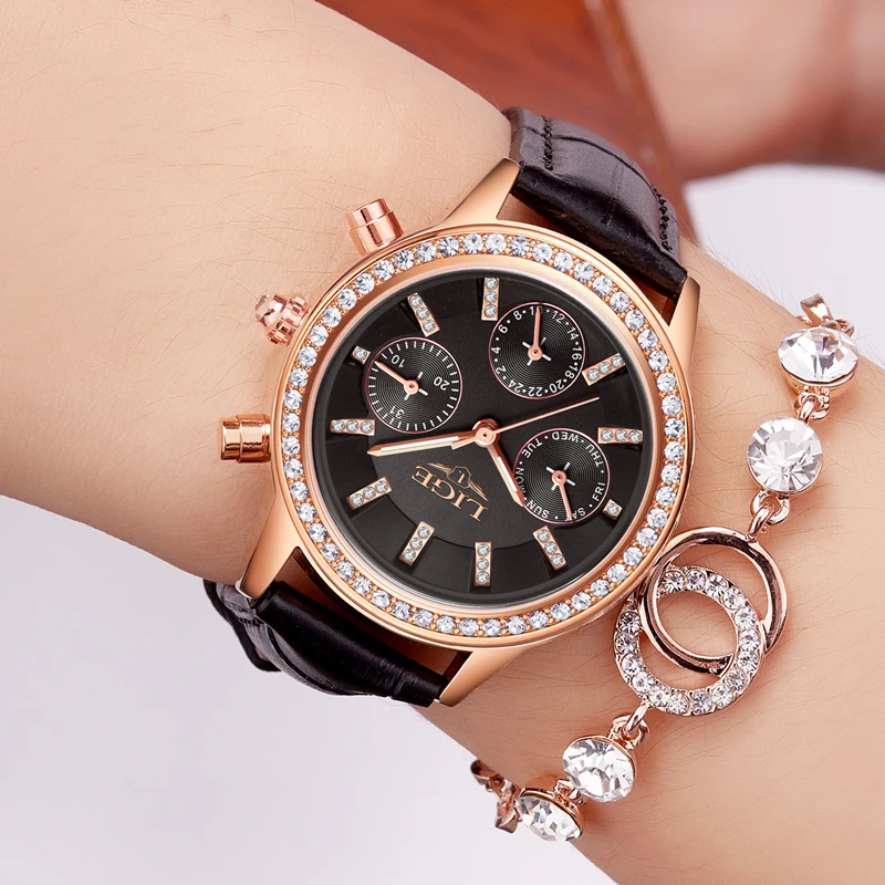 

Women's Fashion Watches LIGE Casual Dress Quartz Woman Waterproof Leather lovely Ladies Diamond Wristwatches