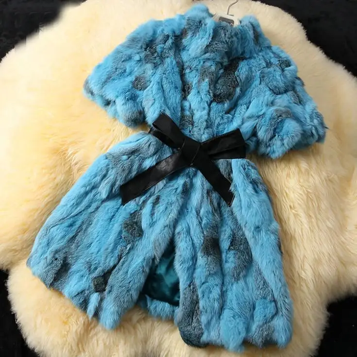 Новое поступление, Женское пальто из натурального кроличьего меха, жилет из натурального кроличьего меха, зимнее меховое пальто, большие размеры с поясом JN178 - Цвет: blue