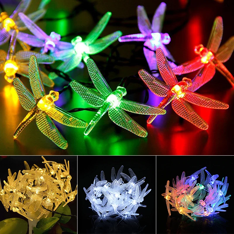 

4M 20 LEDs Solar Battery String Fairy Lights Outdoor Multicolor Dragonfly Shape Garden Patio Decor Dream Energy Saving Lighting