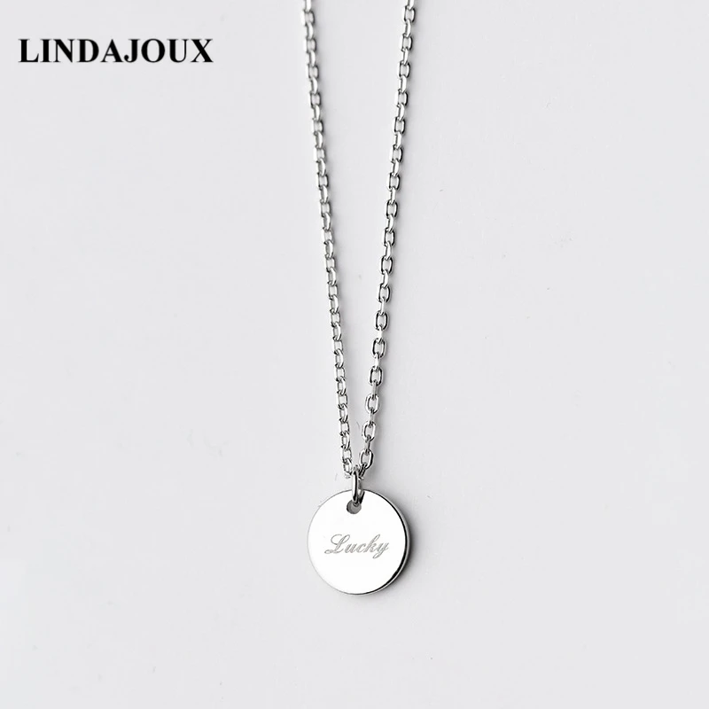 LINDAJOUX 925 пробы серебряное с гравировкой удача Круглый Кулон Колье Ожерелье для