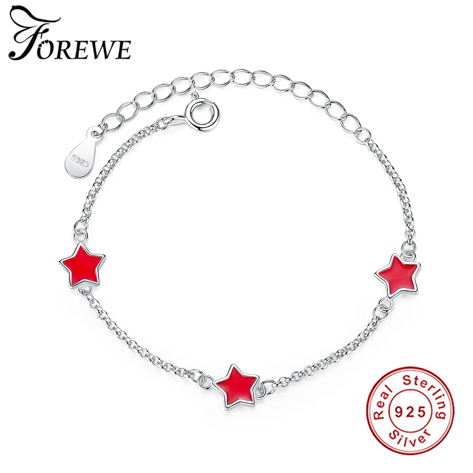 FOREWE, модный браслет на цепочке, красная эмалированная звезда, очаровательный браслет для детей, девочек, Настоящее серебро 925 пробы, браслеты, вечерние, подарок