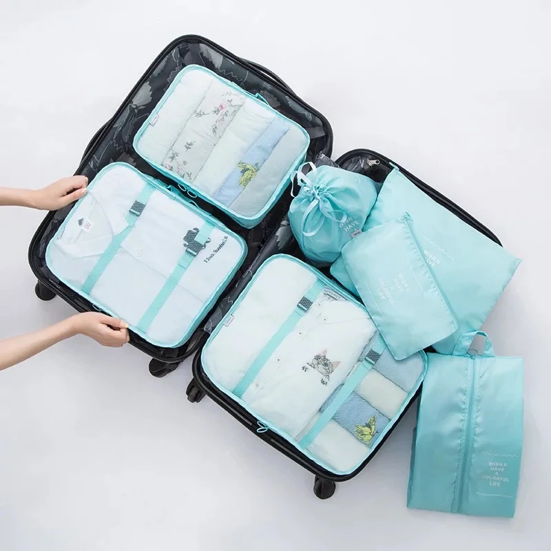 7 шт. дорожная сумка для хранения набор органайзер для гардероба чехол для чемодана большая емкость куб сумка для обуви классификация хранение прозрачное сумка - Цвет: Lake Blue 7PCS
