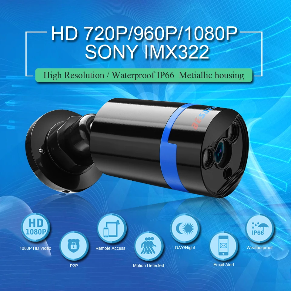 Besder Hi3516C SONY IMX322 Full HD 1080P IP камера ONVIF P2P оповещение по электронной почте 2MP металлическая наружная CCTV IP камера DC12V POE48V опционально