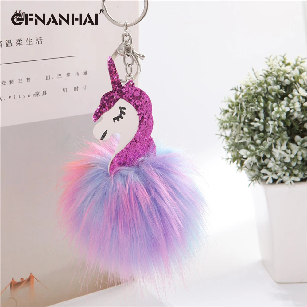 High Quality Anime Horse Toy Cute Metal Unicorn KeyChain Plush Toy Pendant Women Colorful hair ball Keyring Bag Hang Plush Toy