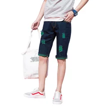 Мужские джинсовые шорты, летние джинсовые шорты, Свободные повседневные шорты, черные ковбойские шорты с заплатками