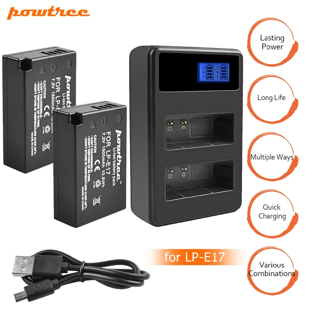 Powtree для Canon 7,2 V 1500mAh LP-E17 аккумуляторная батарея+ lcd USB двойное зарядное устройство перезаряжаемый EOS 200D M3 M6 750D 760D T6i T6s