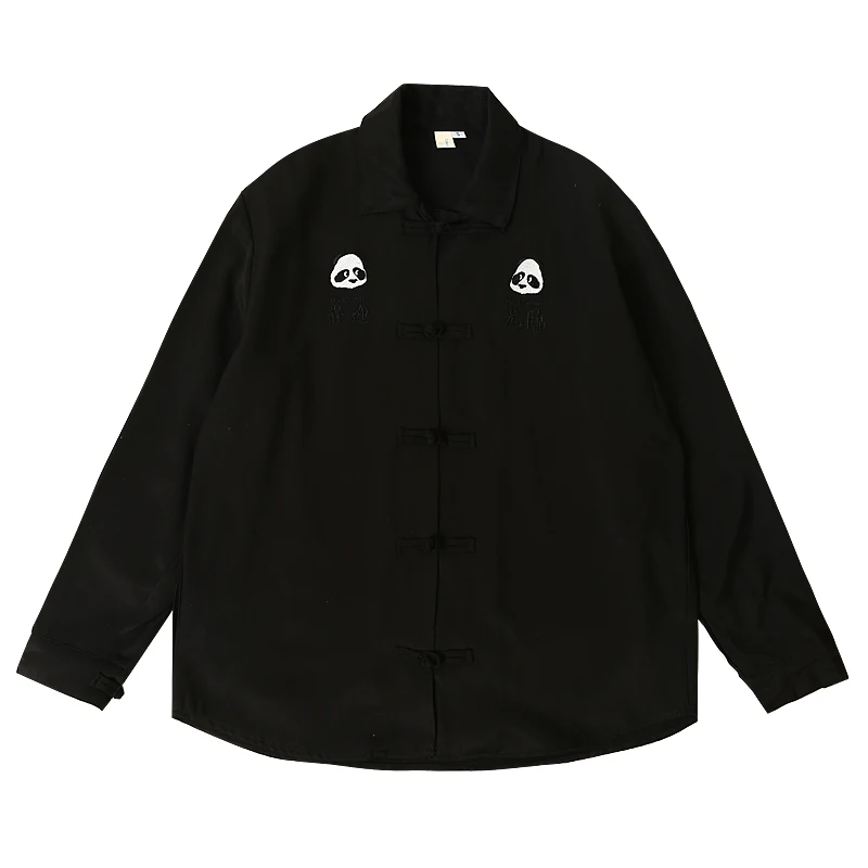 

2019 Spring New Design Women's Black Chiffon Shirt Panda Embroidery High Quality Long-sleeved Women Loose Shirt Shirt Fashion
