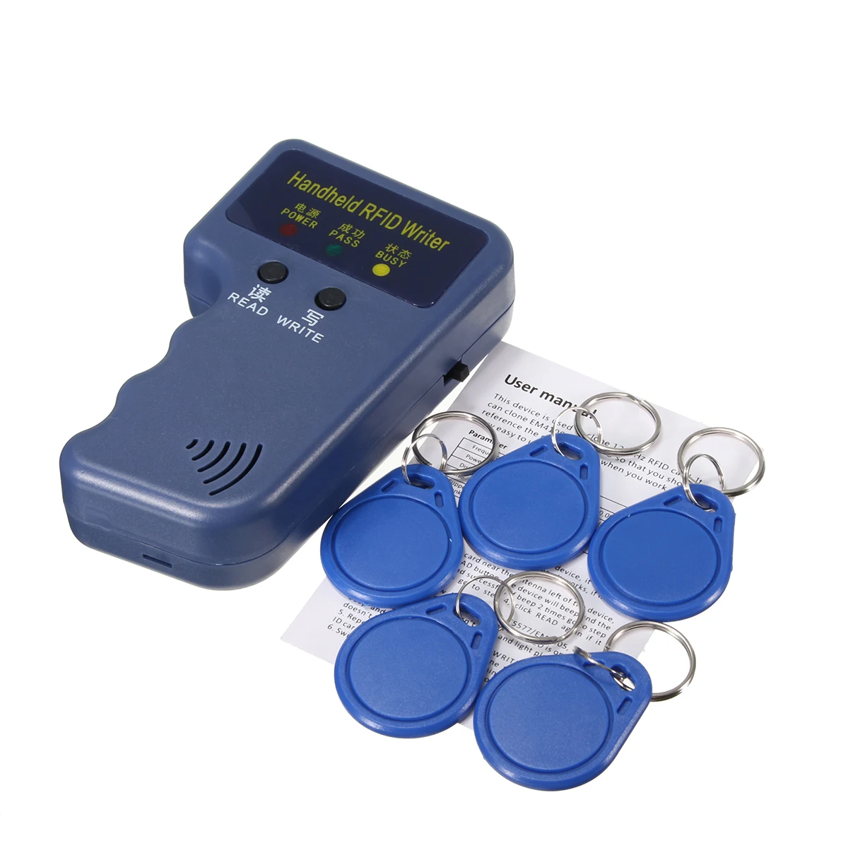 

Handheld 125KHz EM4100 RFID Copier Writer Duplicator Programmer Reader with 5 Pcs EM4305 T5577 Rewritable ID Keyfobs Tags Card
