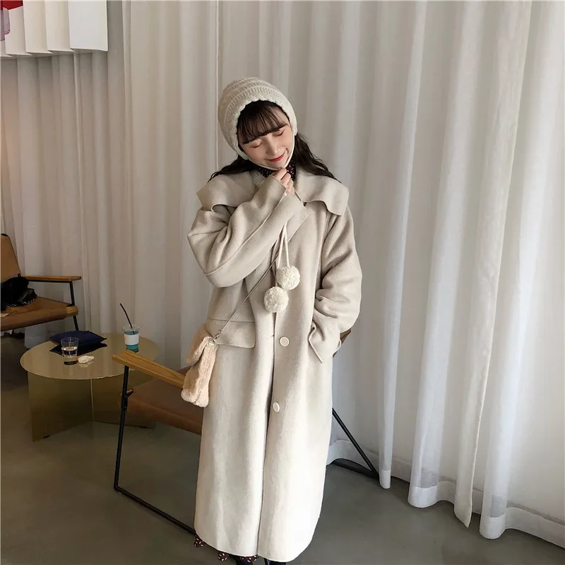 OLN 2019 New Style Solid Color Long Temperament Coat Female High Quality Thick Single-breasted Lapel Women's Woolen Coat 7195
