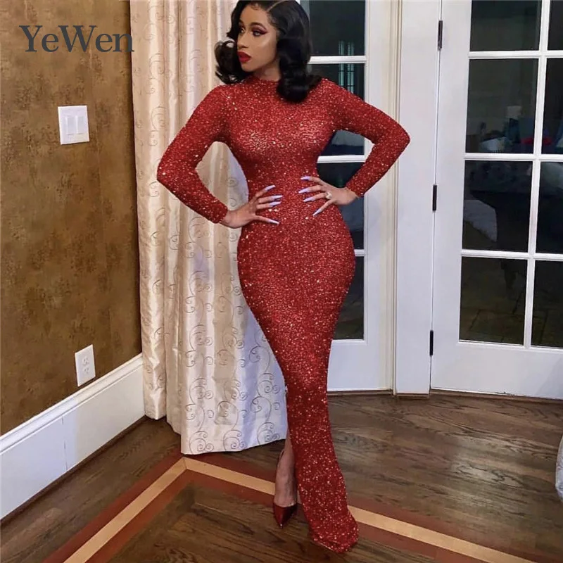 

Muslim Wine Red Beading Luxury Evening Dresses 2019 Latest Design Mermaid Long Sleeves Evening Gowns YeWen